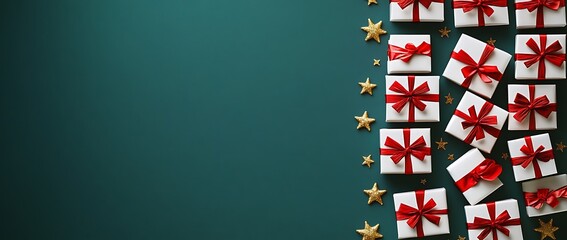 green background with red and gold ribbon bows, golden stars, white gift boxes, confetti on the sides, top view, flat lay, space for text, minimal concept, in the style of an art director. 