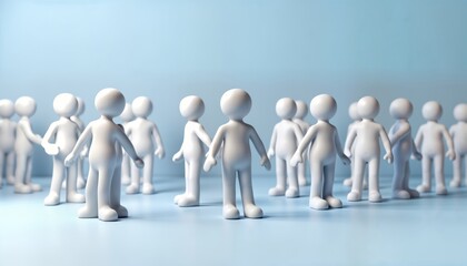 Group of stylized figures stand together in stylized setting. Figures appear to engaged in collaborative teamwork scenario. Conceptual image relating to talent management. Scene implies diverse,