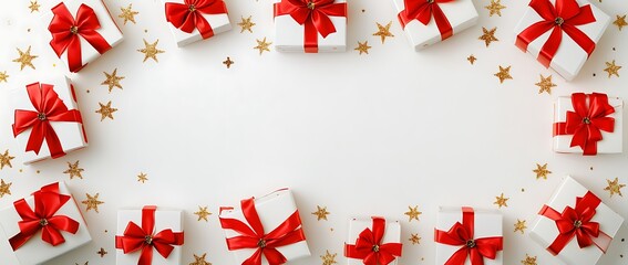 Christmas background with white gift boxes and red ribbon bows on the sides, golden star decor elements on a pure white backdrop, a flat lay top view composition for a Christmas card or banner design.