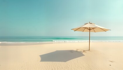 Peaceful beach scene. White umbrella stands on sandy shore. Calm ocean water meets horizon. Clear sky above tropical paradise. Ideal for relaxation, travel inspiration. Vacation destination photo.