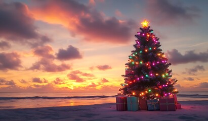 A Christmas tree adorned with colorful lights and presents,