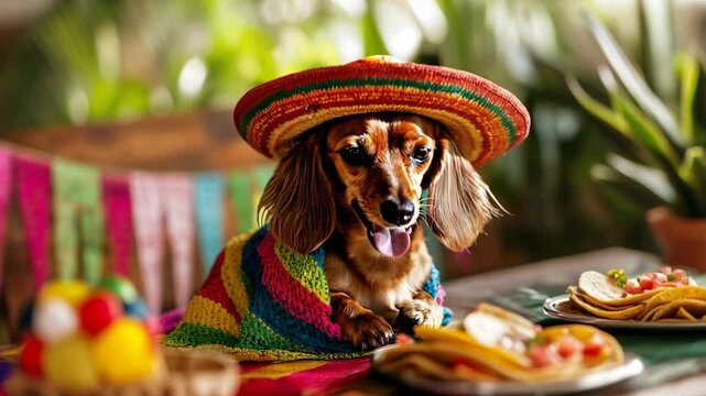 Dachshund in a sombrero and poncho at a festive table with traditional Mexican tacos.