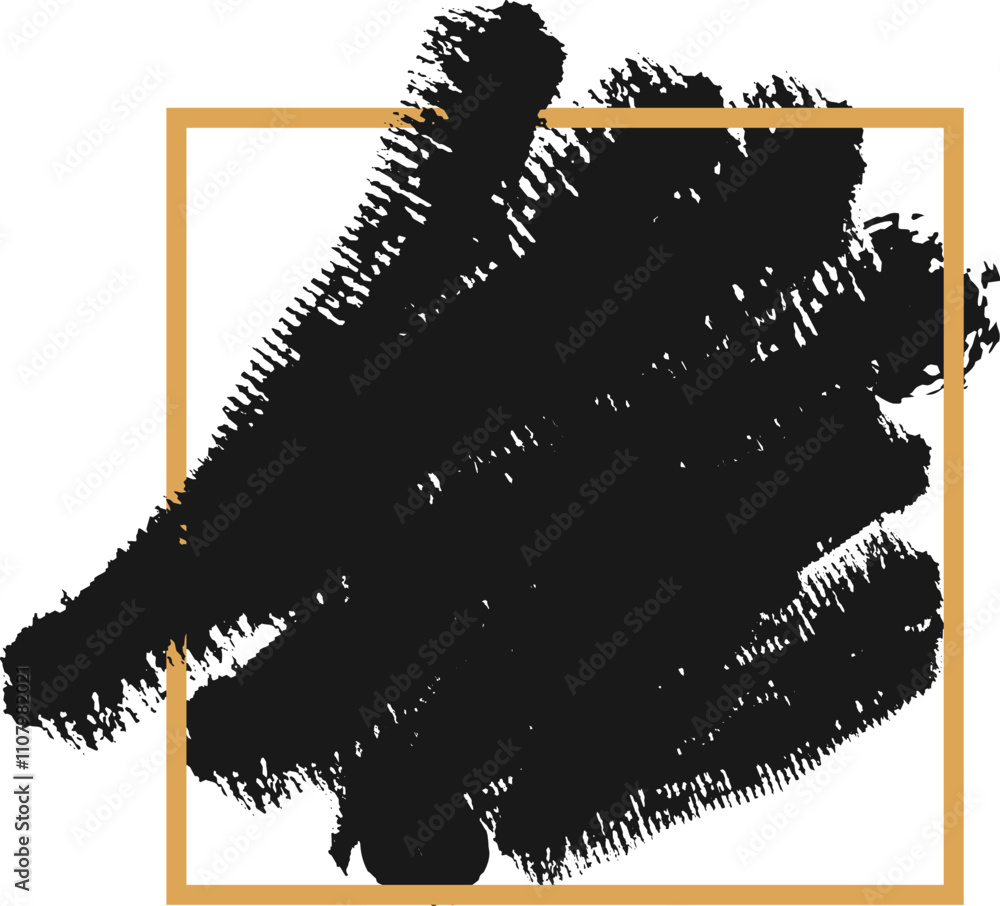 Poster large textured black brush stroke painting filling the frame with a gold border, creating an abstrac