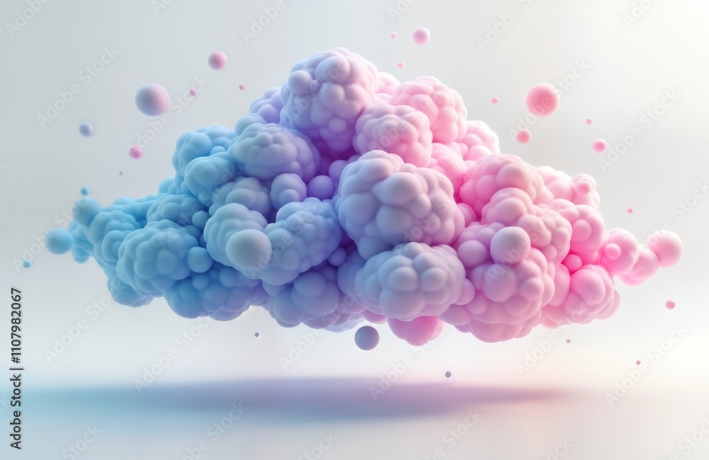 Aufkleber Abstract cloud formation in pastel colours. Floating fluffy shapes with light gradients. 3D illustration with fluffy texture. Floating small round shapes scattered around cloud. Isolated on plain