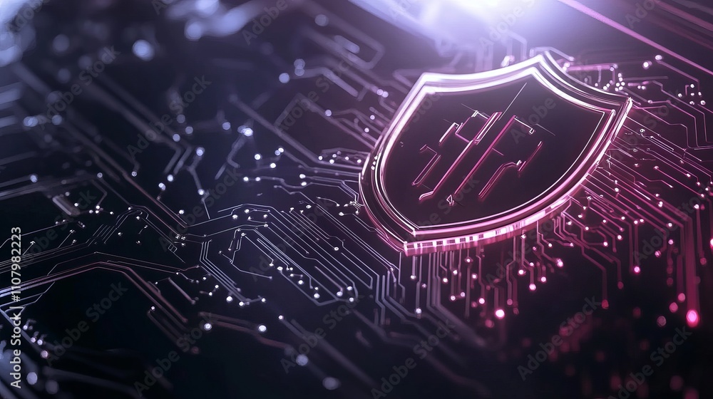 Poster circuit board design with shield icons highlights data protection cyber privacy and security innovat