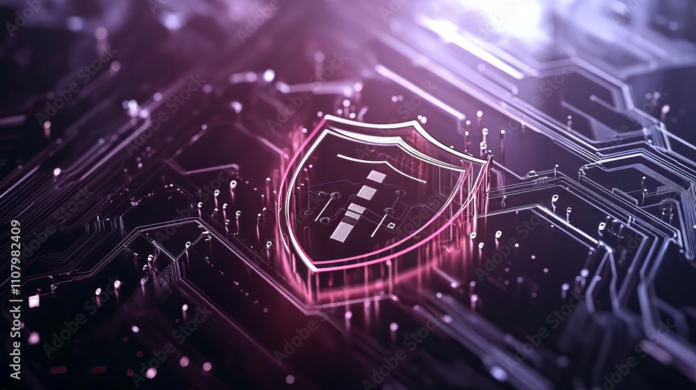 Poster circuit board design with shield icons highlights data protection cyber privacy and security innovat