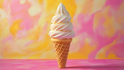 Soft serve ice cream in a waffle cone, bright yellow and pink background, playful retro vibe