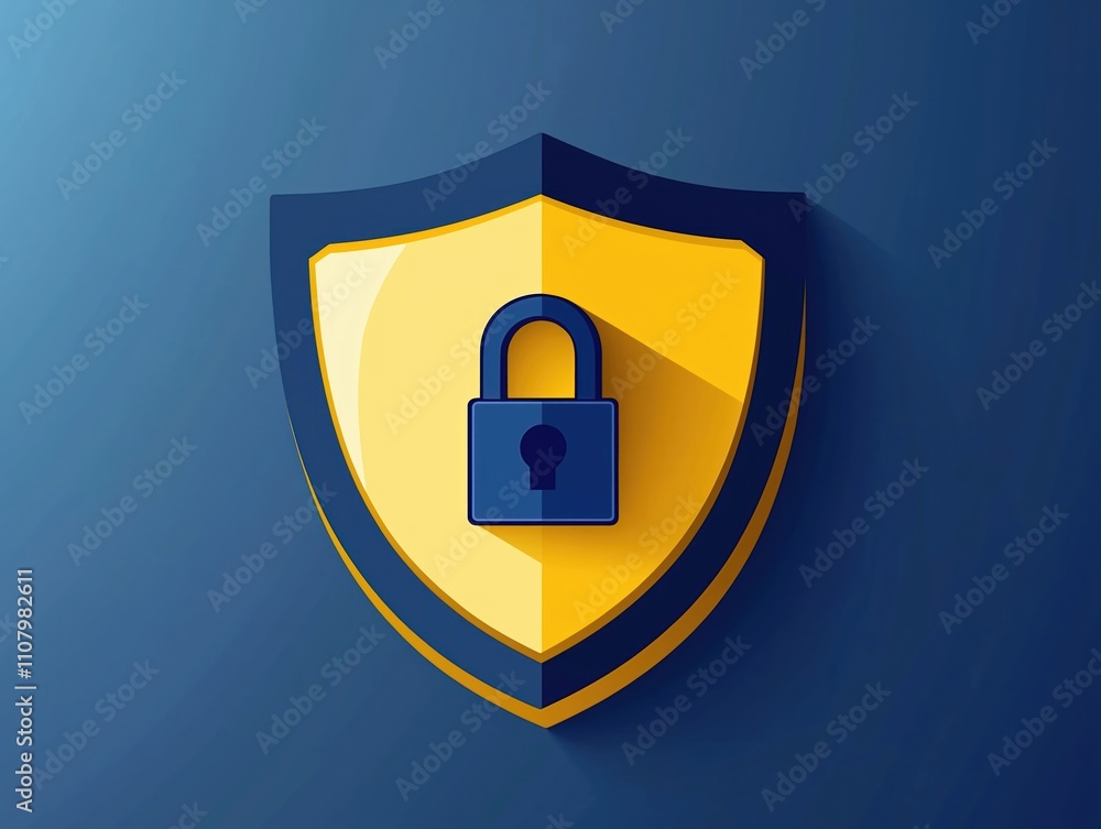 Aufkleber Yellow shield with blue lock. Cyber security protection. Secure data. Tech safety illustration. Flat icon. Modern digital design. Image for tech companies. Cyber security solutions. Secure access.