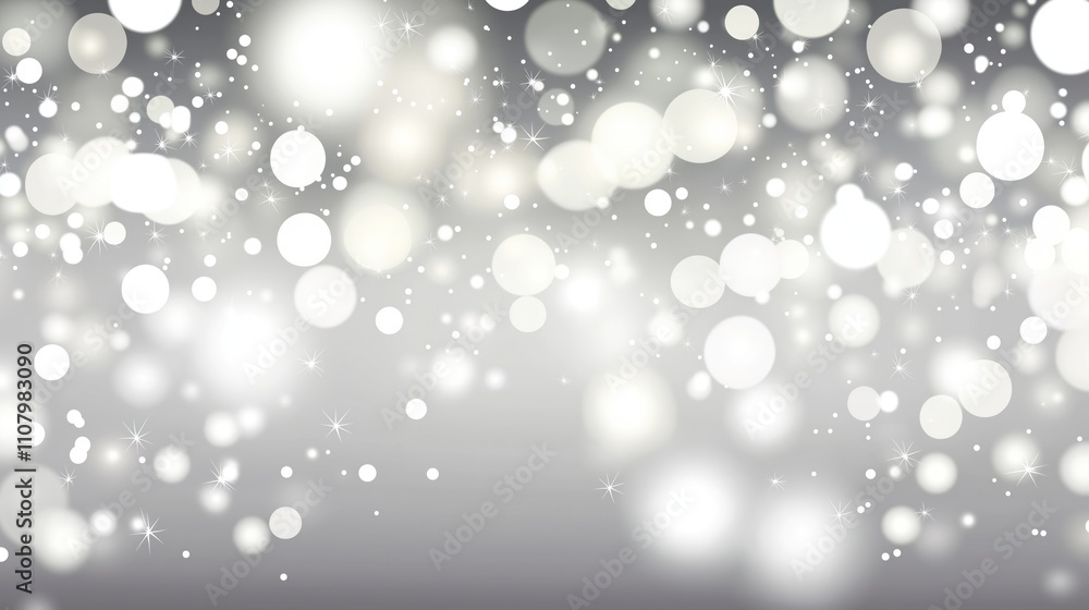 Poster Abstract bokeh lights create soft glow on gray background. White lights create festive mood. Design good for holiday cards, web design. Image elegant, modern feel. Bokeh effect adds magical ambiance