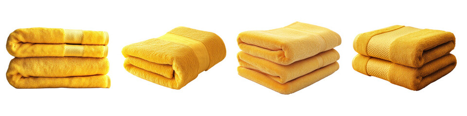 Yellow folded towel isolated on transparent background, Set of
