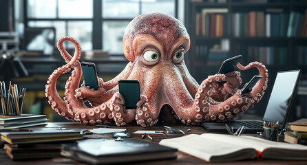Octopus multitasking at a cluttered desk surrounded by books and devices while working diligently on multiple tasks