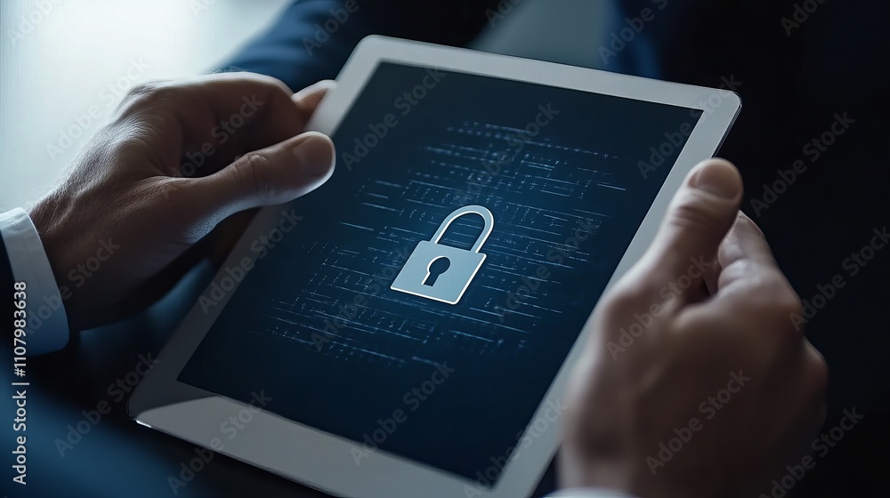 Poster cybersecurity and data protection concepts a businessman uses a digital tablet with a padlock to sec