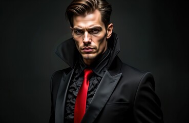 Fototapeta premium Man wearing formal black suit with red tie. Stylish man in sophisticated attire. Confident, elegant look. Professional business attire for meeting event. Dark background emphasizes suit, tie. Man
