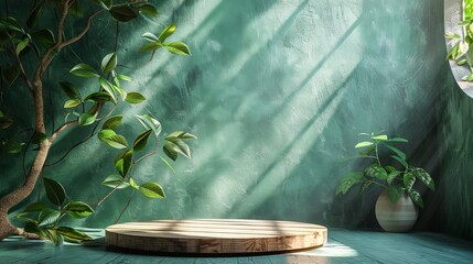 A serene indoor space with a wooden platform, plants, and soft light creating a calming atmosphere.