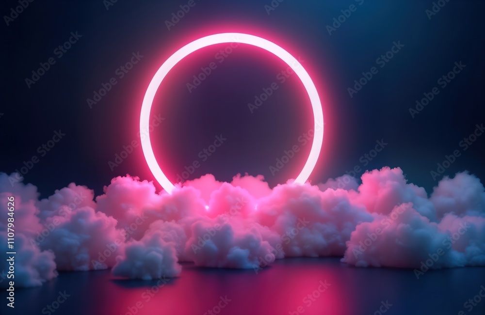 Aufkleber futuristic abstract backdrop. pink neon glowing ring in center. soft clouds float around ring. dynam