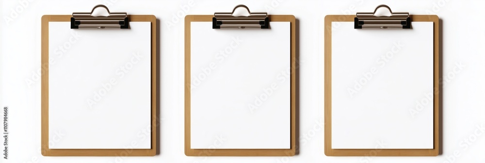 Aufkleber Three empty clipboards with blank sheets of paper displayed against white backdrop. Mockups offer versatile options for graphic design. Suitable for various artwork styles. Blank clipboards provide