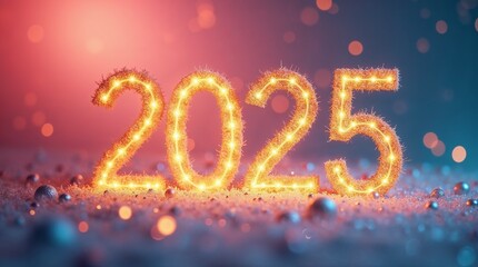 Glowing numbers '2025' made in the form of a New Year garland. Background is a pink-blue gradient transition with blurred lights and snowflakes