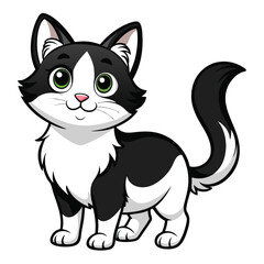 Cute cartoon black and white cat with big eyes, symbolizing playfulness and pet companionship