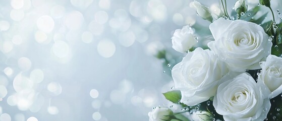 White roses bouquet on a grey background with bokeh and copy space