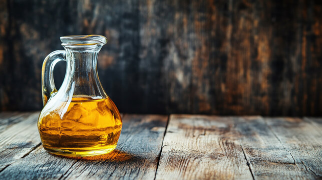 A jug of cooking oil placed alongside walnuts on a rustic wooden table, showcasing fresh, natural ingredients ideal for healthy and flavorful recipes.