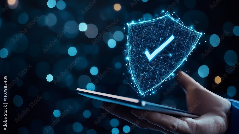 Poster cybersecurity and network protection concept featuring a blue shield with a check mark shown above a