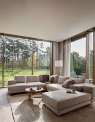 Fototapeta premium Effortless Style: Modern Living Room with Large Windows and a Cozy Sectional