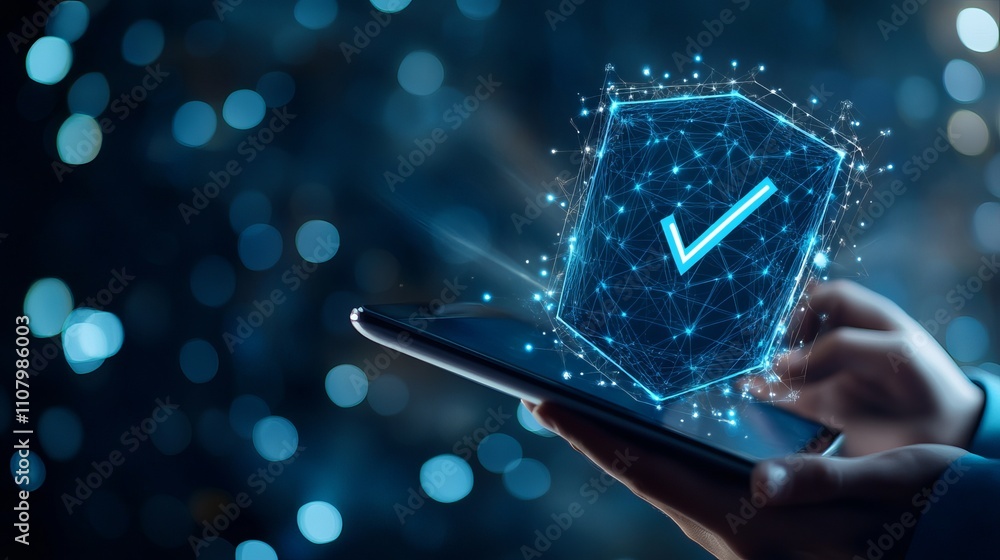 Poster cybersecurity and network protection concept featuring a blue shield with a check mark shown above a