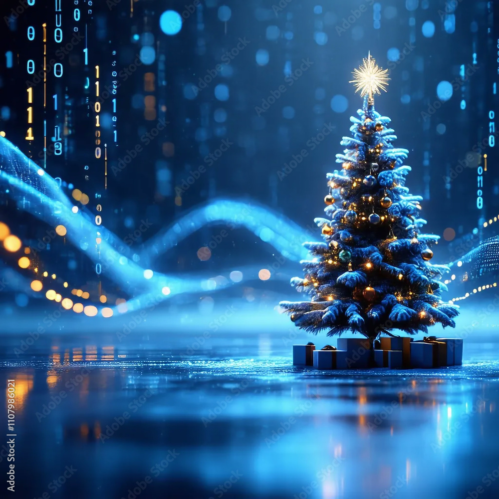 Wall mural glowing christmas tree on abstract futuristic background with glowing particles. combination of high