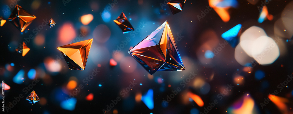 Poster Colorful abstract geometric shapes floating in a dynamic space with a vibrant background