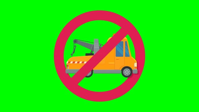 Appearance of crossed out red circular prohibition symbol on a tow truck on green screen with alpha channel in flat design style
