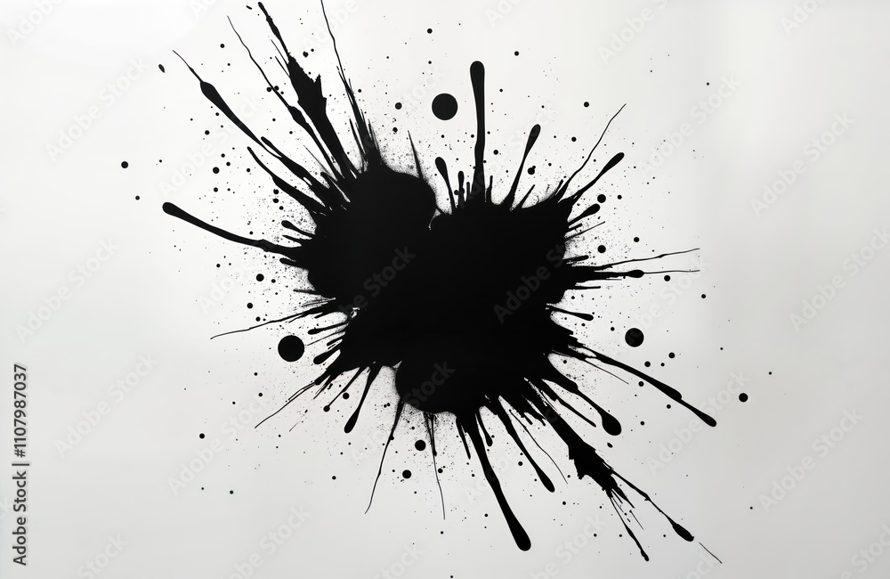 Poster Abstract black paint splash on white background. Fluid, dynamic design element. Suitable for various prints, creative projects. Minimalist artistic style. Copy space available for branding design