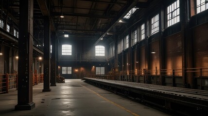 Obraz premium Dark, industrial warehouse interior with large windows, concrete floor, and steel beams.