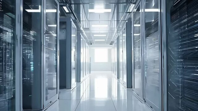 Modern data center with rows of servers, advanced technology