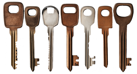 Seven different keys arranged in a row on a white background