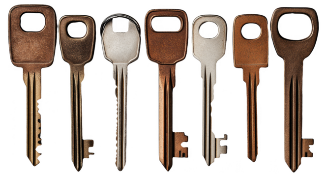 Seven different keys arranged in a row on a white background