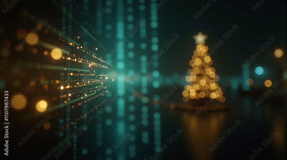 Wall mural glowing christmas tree on abstract futuristic background with glowing particles. combination of high