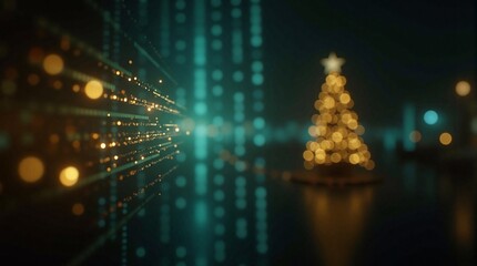 Fototapeta premium Glowing Christmas tree on abstract futuristic background with glowing particles. Combination of high tech and holiday theme. Generative AI