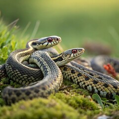 Obraz premium Several snakes coiled together on a rock amidst a scenic mountain backdrop. 