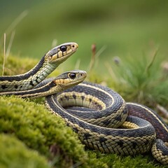 Obraz premium Several snakes coiled together on a rock amidst a scenic mountain backdrop. 