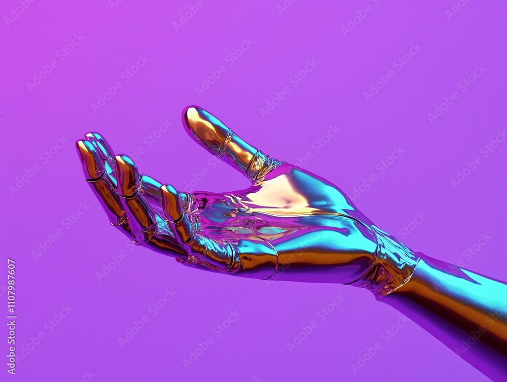 Aufkleber metallic hand stretches out on purple background. futuristic robotic hand extends. modern tech desig