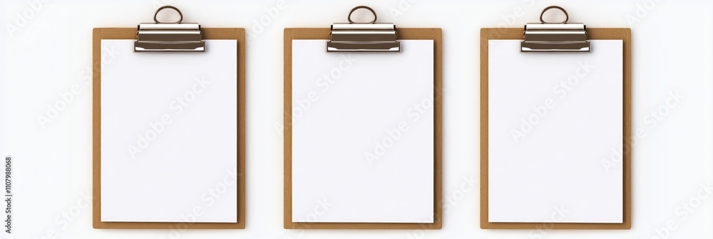 Poster Three blank clipboards shown on white background. Empty paper sheets secured in clipboards. Clipboards used for graphic design. Image used to display notes in modern workspace office. Empty
