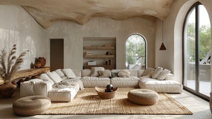 A serene, minimalist living room featuring a large sectional sofa and natural decor.