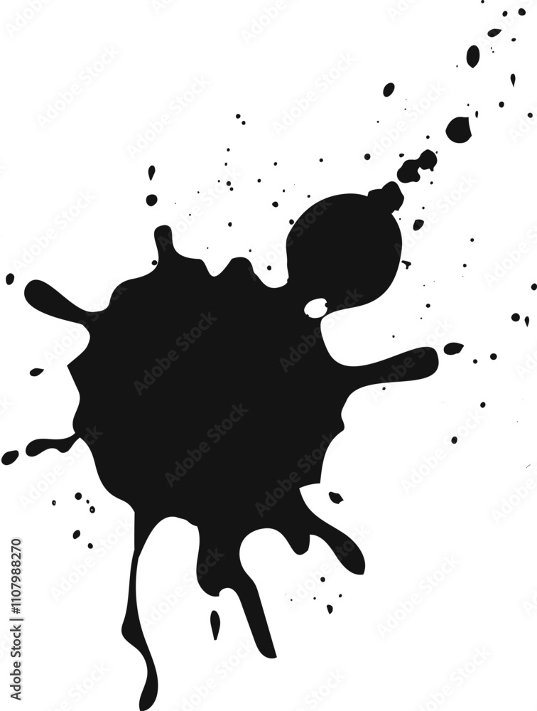Poster black ink is splashing on a white background, creating an abstract shape with drips and splatters, p