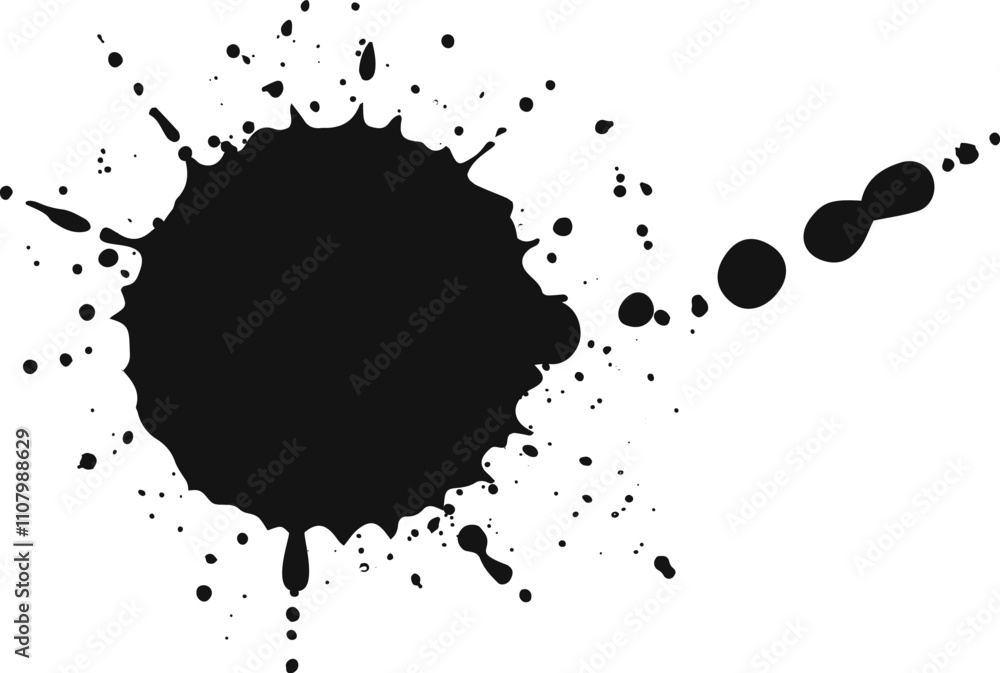 Poster black ink or paint is splashing, creating a large blob and smaller droplets on a clean white backgro