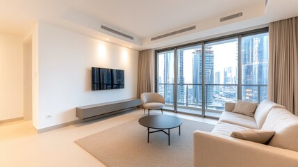 Fototapeta premium A stylish living room features elegant decor, city views, and warm lighting, creating a cozy atmosphere in a Tel Aviv apartment
