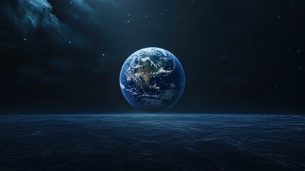 Naklejka premium The depiction features a highly detailed Earth, suspended in space, with tranquil ocean waves and ominous storm clouds enhancing the atmosphere