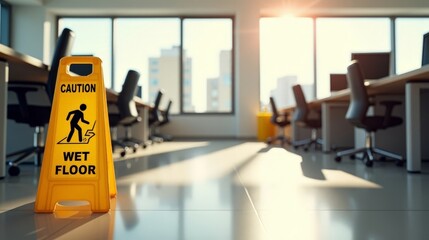 Warning Sign for Wet Floor in a Modern Office Environment with Bright Lighting