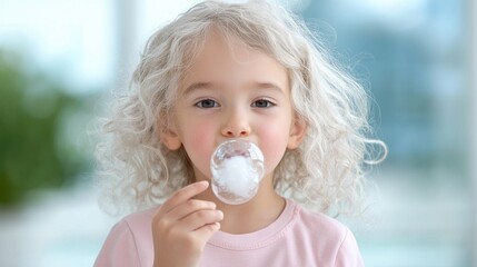 Close-up portrait of a young girl with blonde curly hair. she is wearing a pink t-shirt and is standing in front of a window with a view of greenery outside.