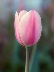 Fototapeta premium Delicate pink tulip in soft light. Flower petals delicately shaded in pink, white. Closeup view shows intricate texture of petals. Beautiful spring flower. Perfect for spring themes, floral designs.