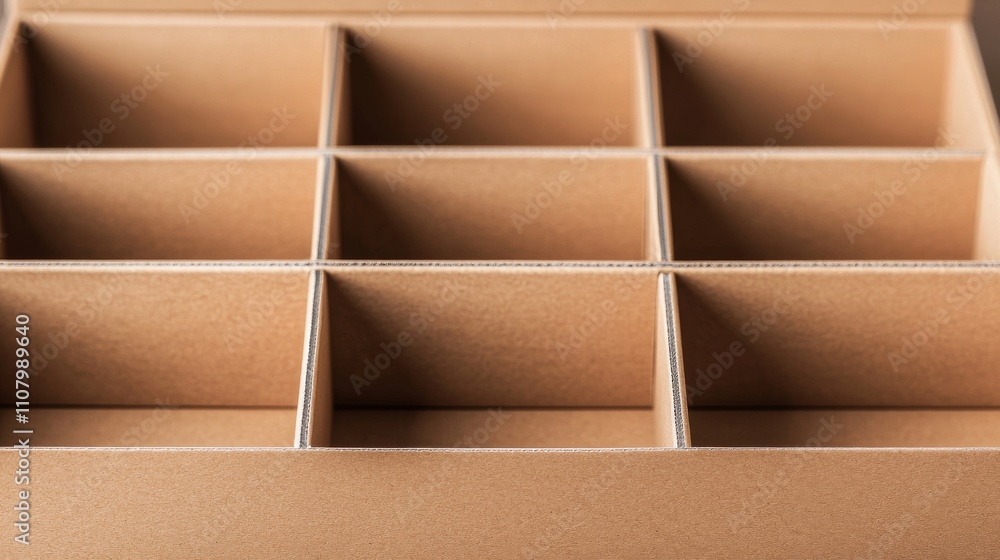 Poster a close-up view of a grid-like cardboard organizer featuring nine empty compartments, designed for s